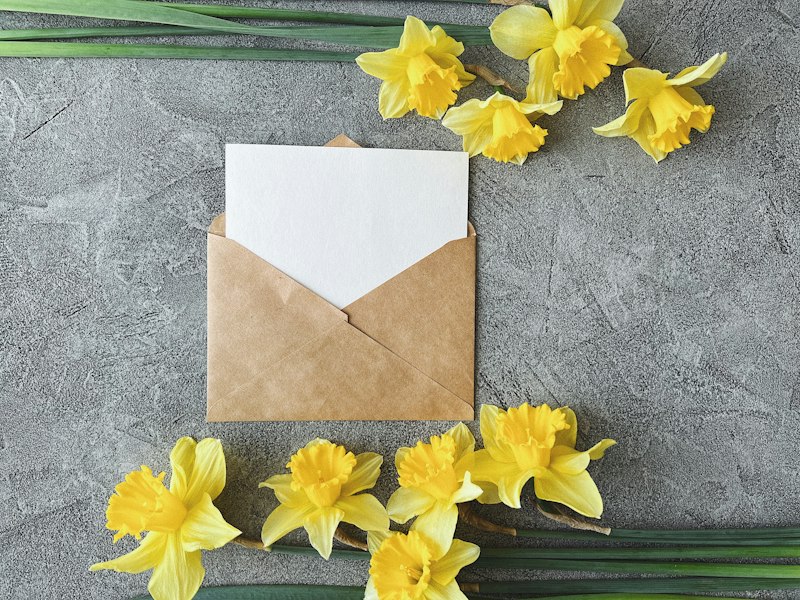 Envelope com flores e caneta, pronto para agendar a entrega de uma carta