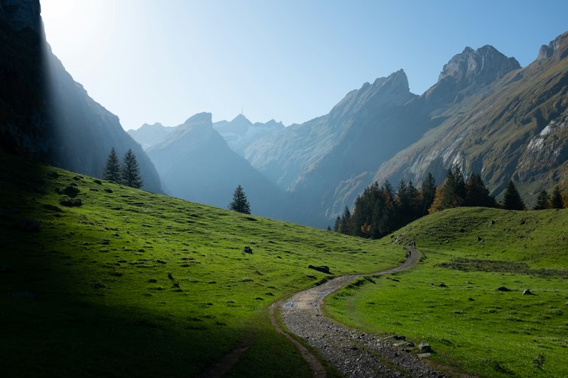 Caminho na montanha ao nascer do sol, simbolizando a jornada até as metas de vida